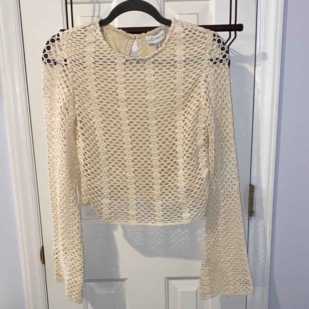 LucyParis cropped crotchet top, bell sleeve, lined, sz. XS